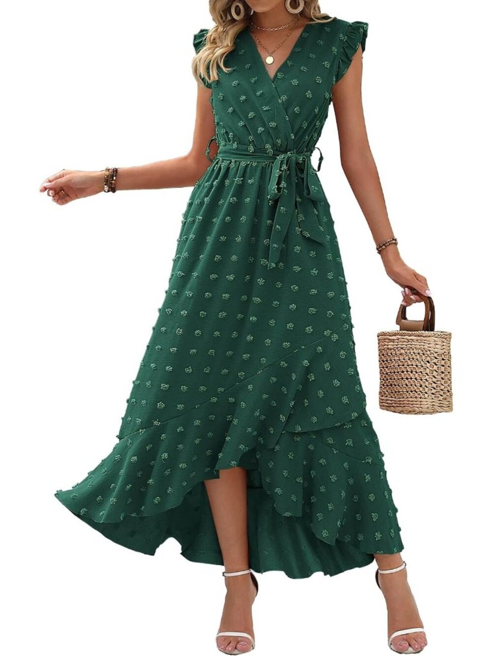 Women's Dark Green Swiss Dot Cap Sleeve V Neck Tie Waist Imported Maxi Dress